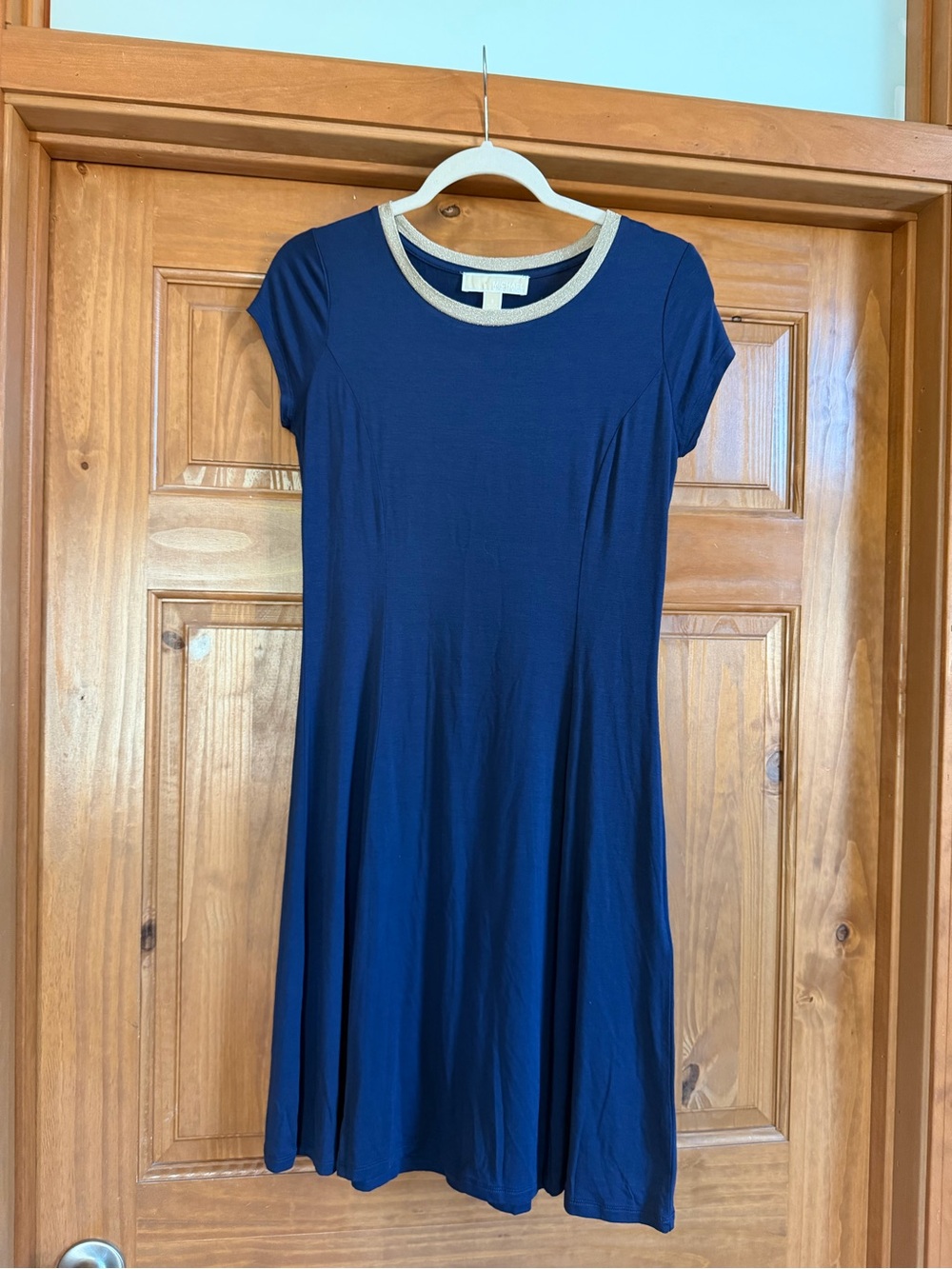 Michael Kors Navy Short-Sleeve Swing Dress with Gold Neck Trim